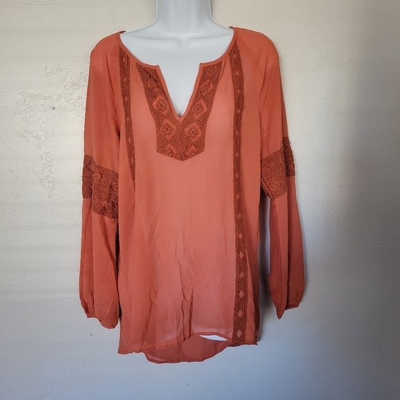 BKE Red Small Orange Long Sleeve Blouse V-neck Chiffon Sheer Boho Bohemian - Picture 1 of 6